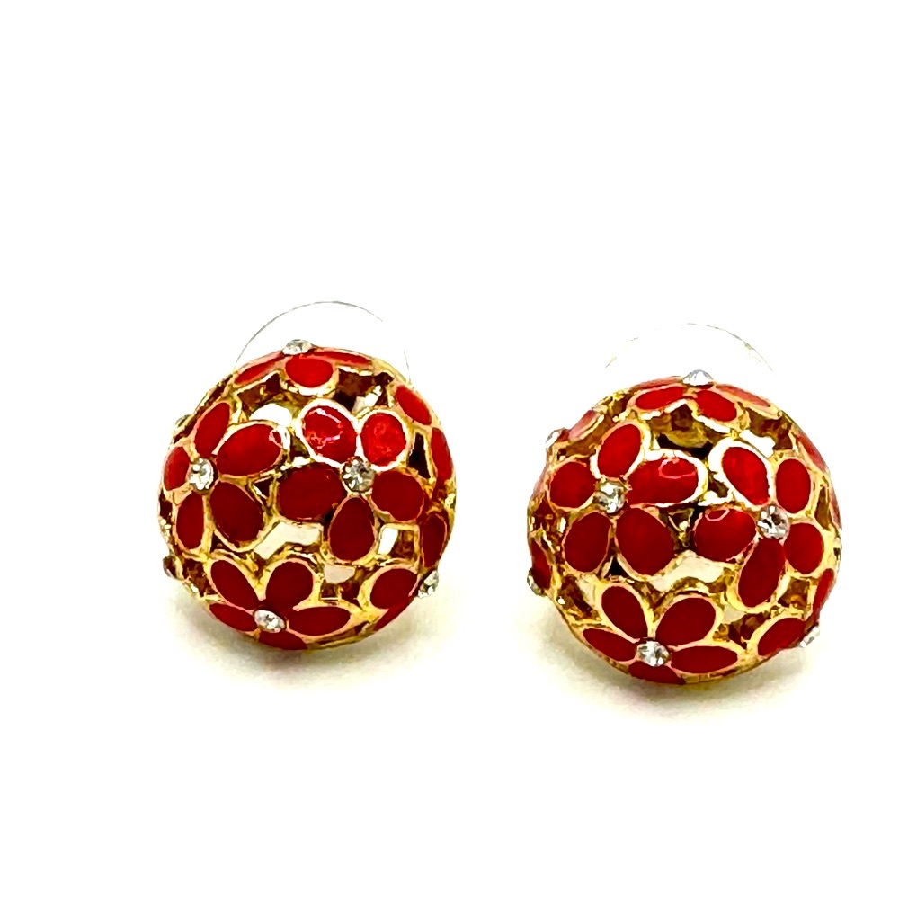 Ruby Red And Rhinestone Daisy Button Pierced Earr… - image 1